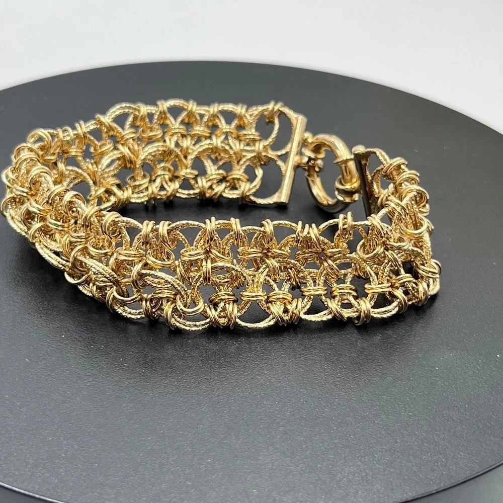 OT Turkey Vintage 925 Gold 14k Vermeil Wide Woven Mesh Bracelet Size 7.5 (15g)